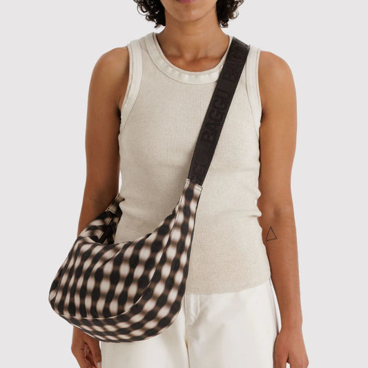 Medium Nylon Crescent Bag - Blurred Gingham Brown